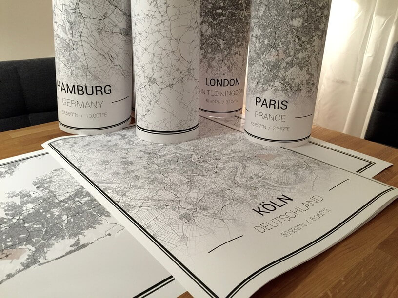 mapify custom map poster print collection, Cologne, Hamburg, London and Paris